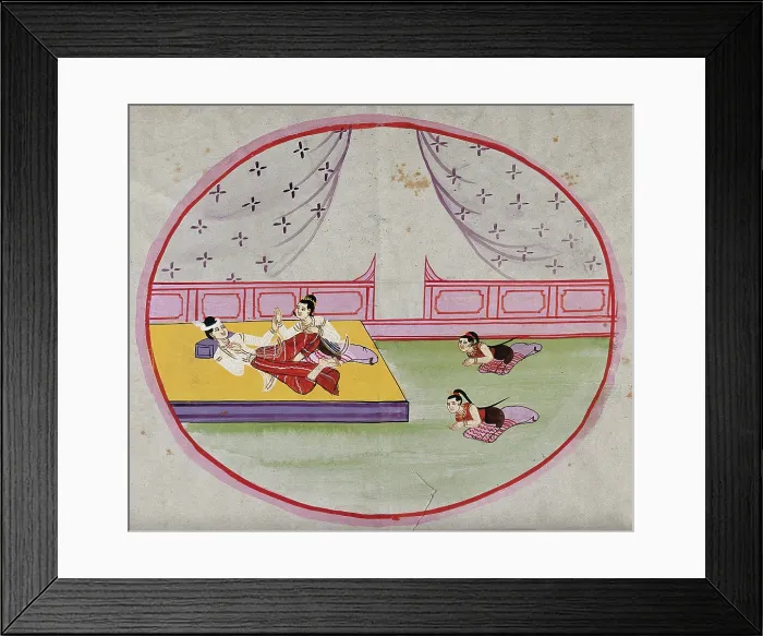 Framed Print : Burma: two figures reclining on a bed in a palace, while two servants pay homage, between 1800 & 189 Creator: Unknown Framed Print : Burma: two figures reclining on a bed in a palace, while two servants pay homage, between 1800 & 189 Creator: Unknown