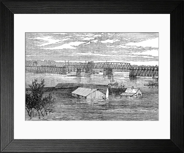 Framed Print : Inundations in the United States: railroad bridge, Clarksville, Tennessee, 1874. Creator: Unknown Framed Print : Inundations in the United States: railroad bridge, Clarksville, Tennessee, 1874. Creator: Unknown