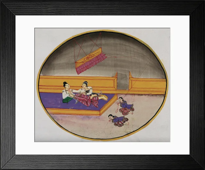 Framed Print : Burma: two figures reclining on a bed in a palace, while one servant swings... between 1800 & 1899. Creator: Unknown Framed Print : Burma: two figures reclining on a bed in a palace, while one servant swings... between 1800 & 1899. Creator: Unknown
