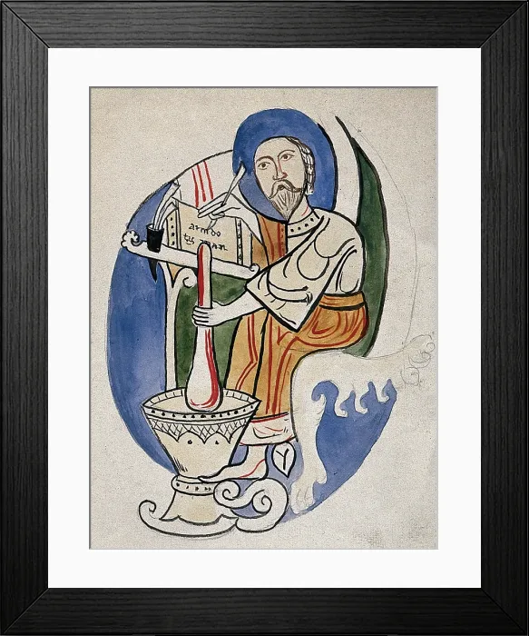 Framed Print : A scholar / apothecary mixing a concoction with a pestle and mortar and writing down the remedy... Creator: Unknown Framed Print : A scholar / apothecary mixing a concoction with a pestle and mortar and writing down the remedy... Creator: Unknown