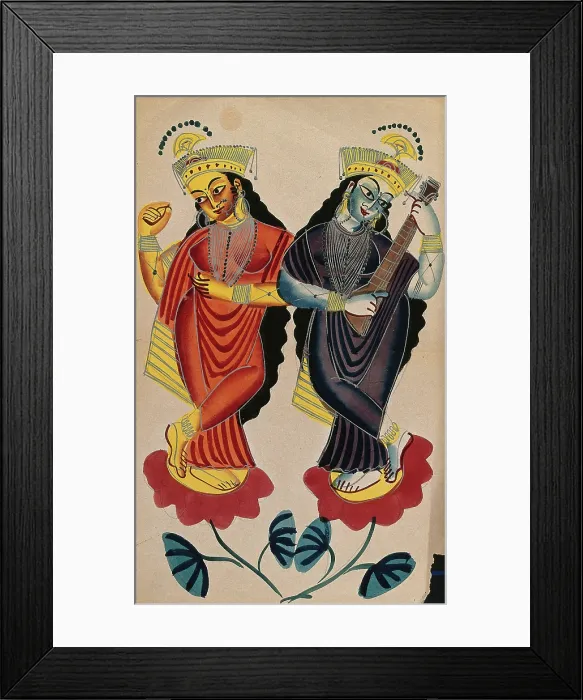 Framed Print : Hindu goddesses Lakshami and Saraswati playing castanets and a tambura. Creator: Unknown Framed Print : Hindu goddesses Lakshami and Saraswati playing castanets and a tambura. Creator: Unknown