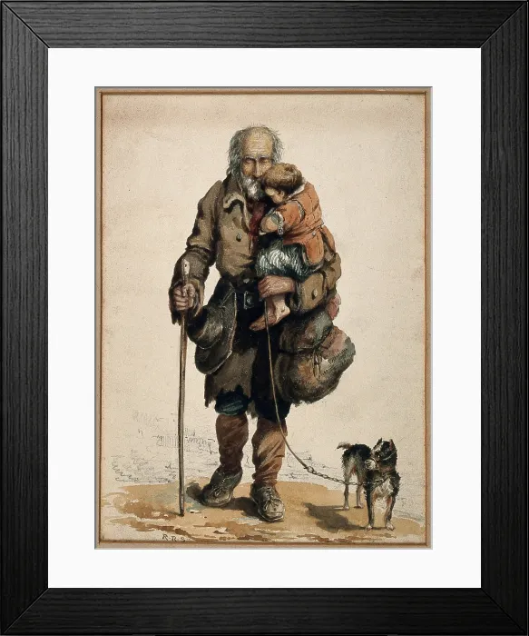 Framed Print : An old blind man holding a child walks guided by his stick and dog. Creator: Unknown Framed Print : An old blind man holding a child walks guided by his stick and dog. Creator: Unknown