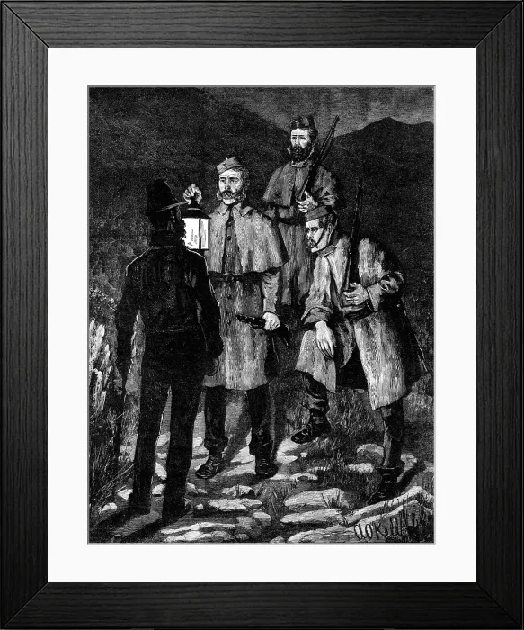Framed Print : The State of Ireland: police patrol challenging a suspected person, 1881. Creator: Unknown Framed Print : The State of Ireland: police patrol challenging a suspected person, 1881. Creator: Unknown