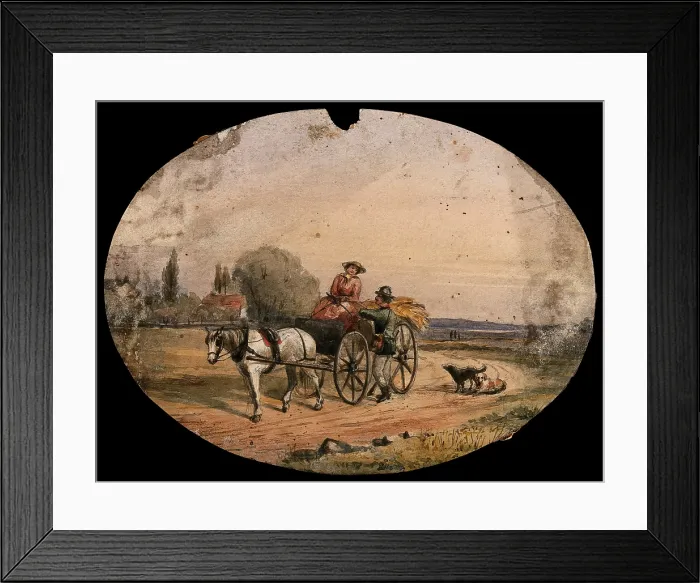 Framed Print : A woman driving a horse-drawn cart loaded with hay has stopped on the road to speak to a man... Creator: Unknown Framed Print : A woman driving a horse-drawn cart loaded with hay has stopped on the road to speak to a man... Creator: Unknown