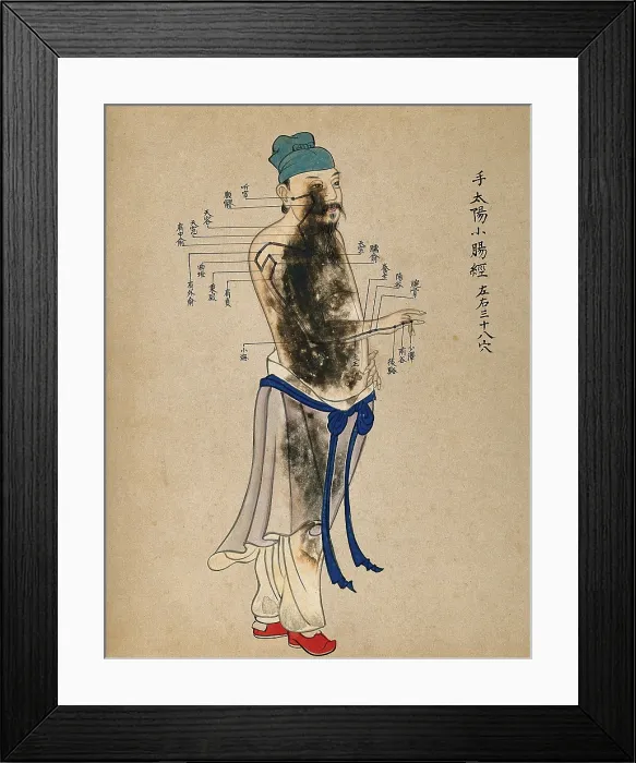 Framed Print : Acupuncture chart with a series of points indicated on the figure of a standing Chinese man. Creator: Unknown Framed Print : Acupuncture chart with a series of points indicated on the figure of a standing Chinese man. Creator: Unknown