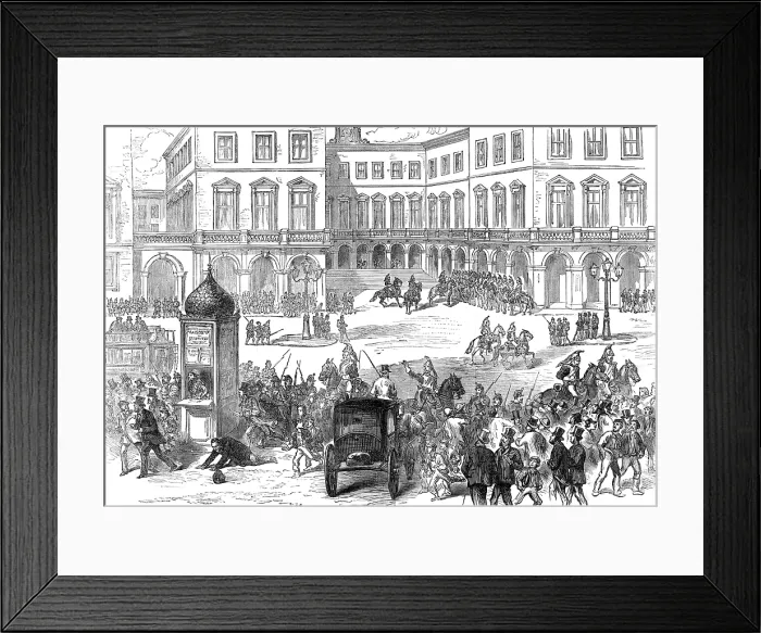Framed Print : Paris Municipal Guard dispersing the crowd at the St. Lazare Railway Station, 1874. Creator: Unknown