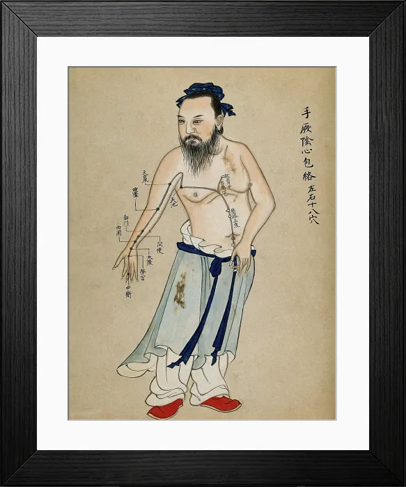 Framed Print : Acupuncture chart with a series of points indicated on the figure of a standing Chinese man... Creator: Unknown Framed Print : Acupuncture chart with a series of points indicated on the figure of a standing Chinese man... Creator: Unknown
