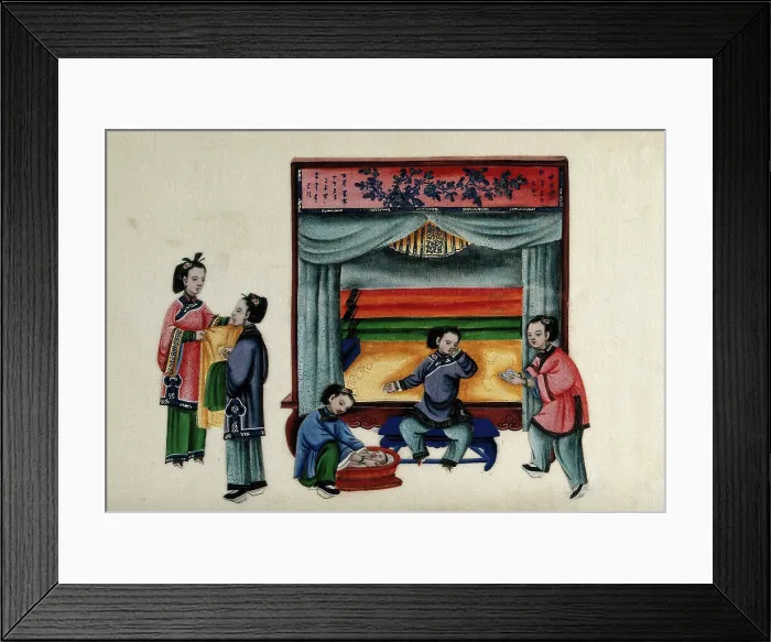 Framed Print : A baby is bathed while an attendant brings tea to the mother who is reclining on a settee... 1800. Creator: Unknown Framed Print : A baby is bathed while an attendant brings tea to the mother who is reclining on a settee... 1800. Creator: Unknown
