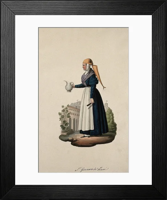 Framed Print : A nun wearing her habit holding a jug in the grounds of her convent. Creator: Unknown Framed Print : A nun wearing her habit holding a jug in the grounds of her convent. Creator: Unknown