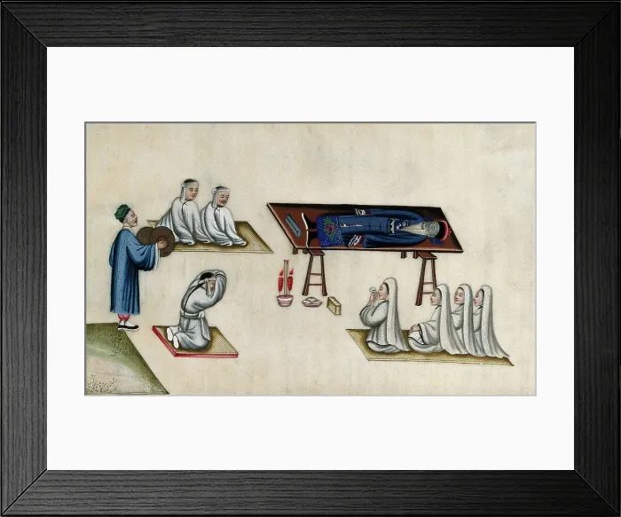 Framed Print : Chinese funeral customs: the body of an elderly man lies on a bier, attended by men and... 1800. Creator: Unknown Framed Print : Chinese funeral customs: the body of an elderly man lies on a bier, attended by men and... 1800. Creator: Unknown