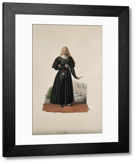 Framed Print : A nun holding a medicine spoon with her hospital behind her. Creator: Unknown Framed Print : A nun holding a medicine spoon with her hospital behind her. Creator: Unknown