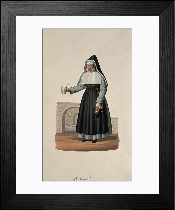 Framed Print : A nun in her habit carrying medicine and her Bible, with her hospital behind her. Creator: Unknown Framed Print : A nun in her habit carrying medicine and her Bible, with her hospital behind her. Creator: Unknown