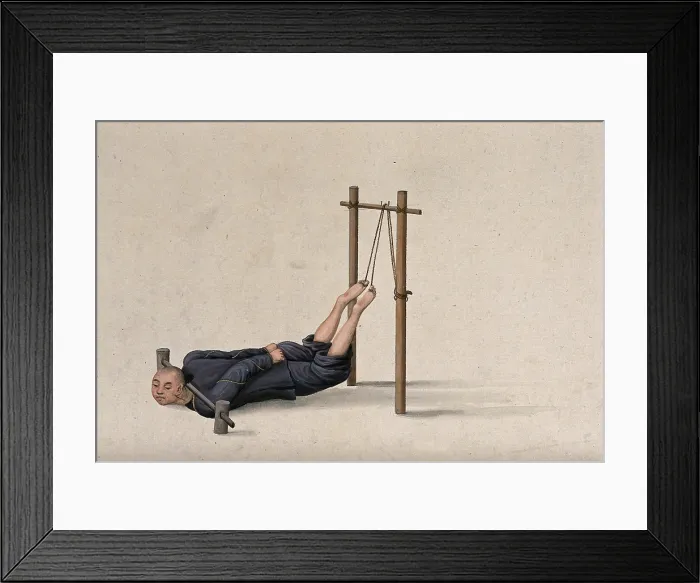 Framed Print : A Chinese man confined to a contraption which ties his legs on to a wooden gallows whilst... Creator: Unknown Framed Print : A Chinese man confined to a contraption which ties his legs on to a wooden gallows whilst... Creator: Unknown