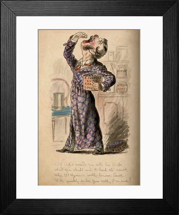 Framed Print : A love sick man taking some of Doctor Hymen's pills to try and cure himself. Creator: Unknown. A love sick man taking some of Doctor Hymen's pills to try and cure himself. Creator: Unknown Framed Print : A love sick man taking some of Doctor Hymen's pills to try and cure himself. Creator: Unknown. A love sick man taking some of Doctor Hymen's pills to try and cure himself. Creator: Unknown