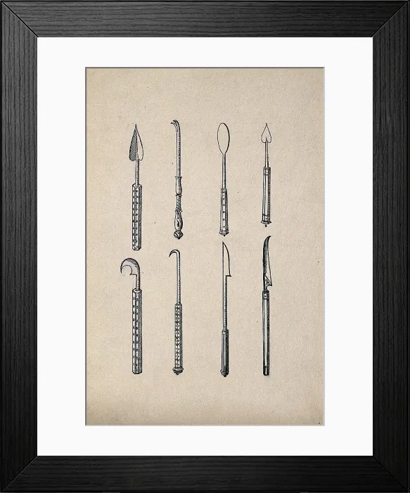 Framed Print : Surgical instruments, mainly spatulas and needles. Creator: Unknown Framed Print : Surgical instruments, mainly spatulas and needles. Creator: Unknown