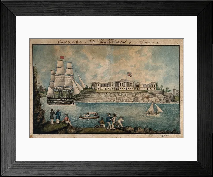 Framed Print : Malta: Royal Naval Hospital or Bighi Hospital, with sailors dancing on the shore, 1843. Creators: Charles de Brocktorff, Unknown Framed Print : Malta: Royal Naval Hospital or Bighi Hospital, with sailors dancing on the shore, 1843. Creators: Charles de Brocktorff, Unknown