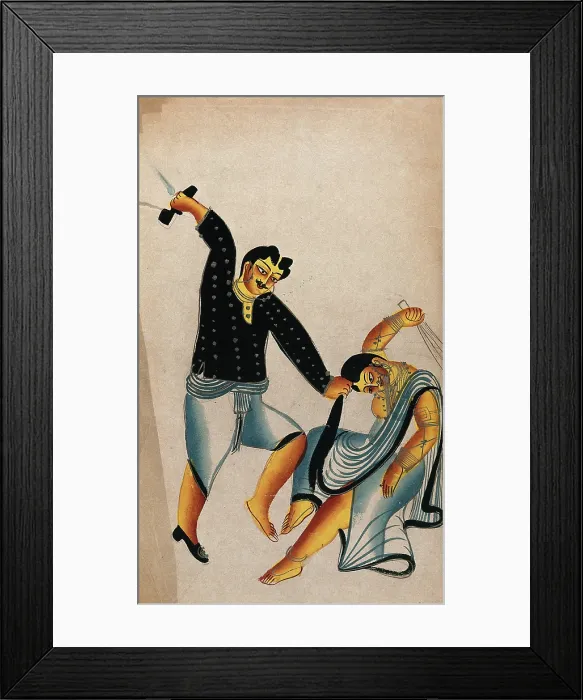 Framed Print : Domestic violence: a husband holding his wife by the hair about to strike her with a shoe... Creator: Unknown Framed Print : Domestic violence: a husband holding his wife by the hair about to strike her with a shoe... Creator: Unknown