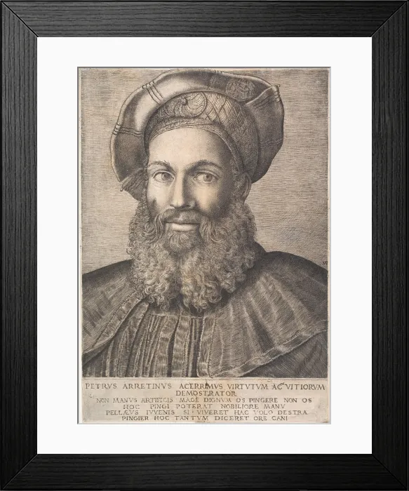 Framed Print : Portrait of Pietro Aretino, First quarter of 16th century. Creator: Raimondi, Marcantonio (c. 1480-c. 1534) Framed Print : Portrait of Pietro Aretino, First quarter of 16th century. Creator: Raimondi, Marcantonio (c. 1480-c. 1534)