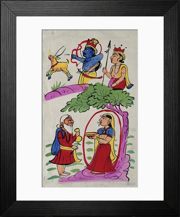 Framed Print : Sita being lured by a disguised Ravana, while Rama and Laksmana hunt in the forest. Creator: Unknown Framed Print : Sita being lured by a disguised Ravana, while Rama and Laksmana hunt in the forest. Creator: Unknown