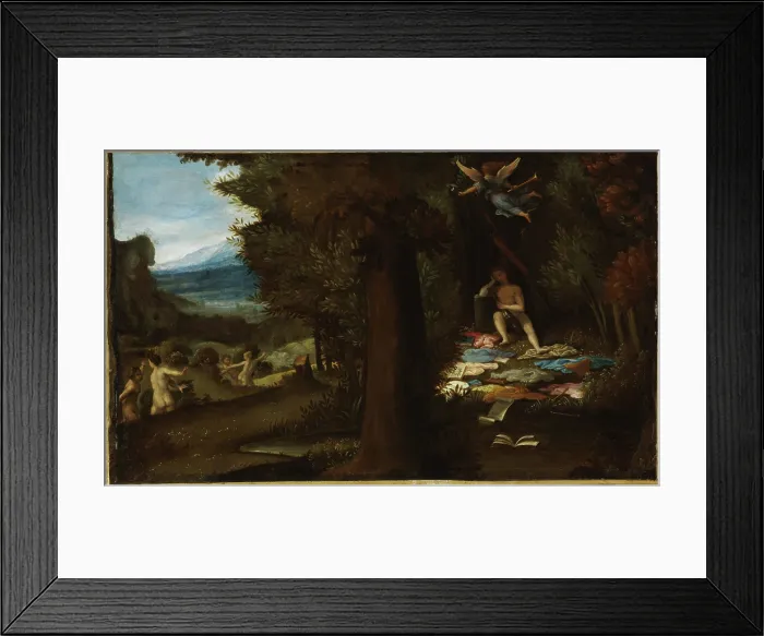Framed Print : The Sleeping Apollo with the Fleeing Muses and Fame Soaring Away, c1539. Creator: Lotto, Lorenzo (1480-1556) Framed Print : The Sleeping Apollo with the Fleeing Muses and Fame Soaring Away, c1539. Creator: Lotto, Lorenzo (1480-1556)