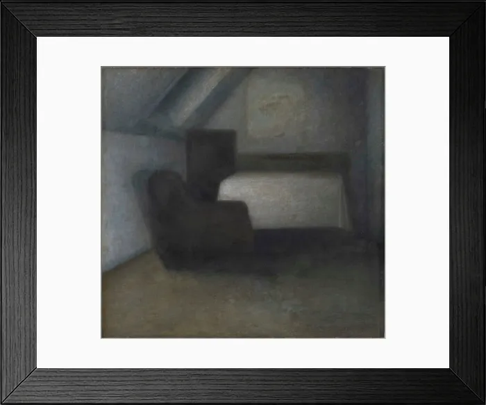 Framed Print : Attic room with table and chair. Creator: Hammershoi, Vilhelm (1864-1916) Framed Print : Attic room with table and chair. Creator: Hammershoi, Vilhelm (1864-1916)