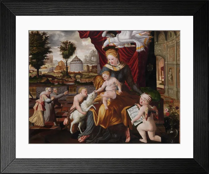 Framed Print : Virgin and Child with the Infant St. John and two angels, 1552. Creator: Lorck (Lorch), Melchior (ca. 1527-after 1594) Framed Print : Virgin and Child with the Infant St. John and two angels, 1552. Creator: Lorck (Lorch), Melchior (ca. 1527-after 1594)