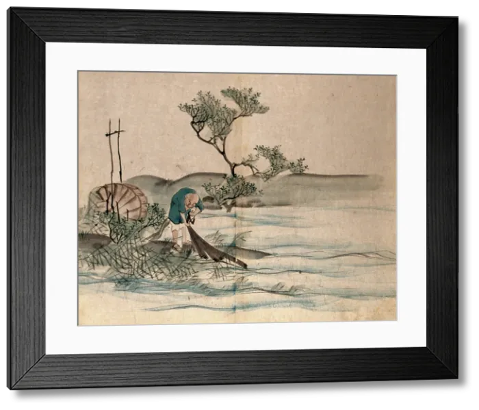Framed Print : A Japanese fisherman on a lake shore pulling in his nets, 1860. Creator: Unknown Framed Print : A Japanese fisherman on a lake shore pulling in his nets, 1860. Creator: Unknown
