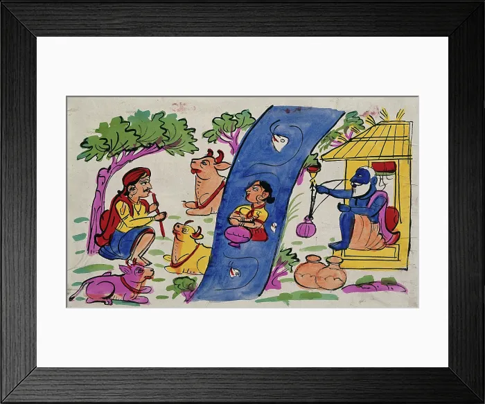 Framed Print : Krishna playing his flute to the cows and Radha who is immersed in the river... Creator: Unknown Framed Print : Krishna playing his flute to the cows and Radha who is immersed in the river... Creator: Unknown