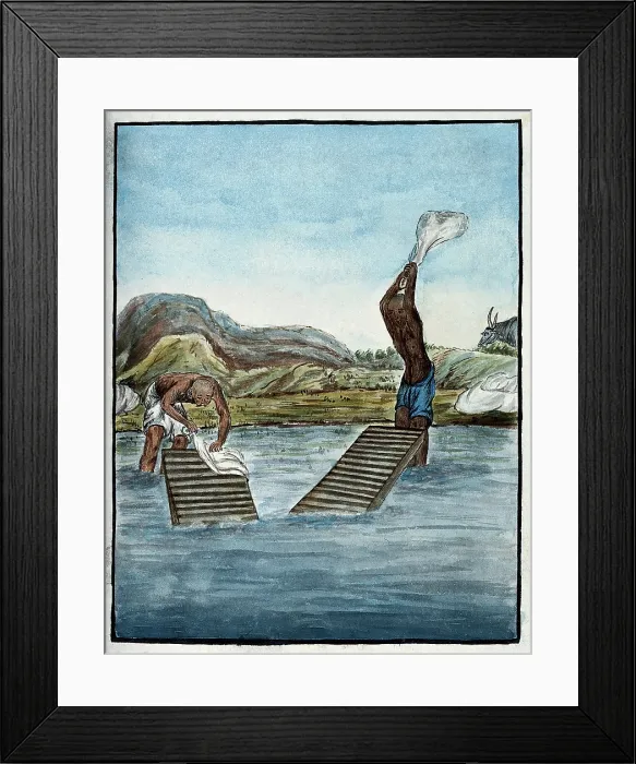 Framed Print : Two washer-men cleaning clothes by beating them against washing racks in a river. Creator: Unknown