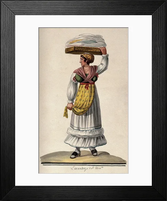 Framed Print : A woman is holding a large flat basket of washing on her head. Creator: Unknown Framed Print : A woman is holding a large flat basket of washing on her head. Creator: Unknown