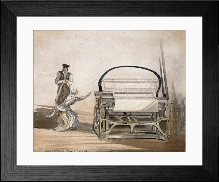 Framed Print : Textiles: Crompton's belt-driven power loom, with a man standing by and a woman working. Creator: Unknown. Textiles: Crompton's belt-driven power loom, with a man standing by and a woman working. Creator: Unknown Framed Print : Textiles: Crompton's belt-driven power loom, with a man standing by and a woman working. Creator: Unknown. Textiles: Crompton's belt-driven power loom, with a man standing by and a woman working. Creator: Unknown