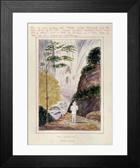 Framed Print : Malaya: a man at the foot of a huge waterfall on Penang Island, 1879. Creator: John Edmund Taylor Framed Print : Malaya: a man at the foot of a huge waterfall on Penang Island, 1879. Creator: John Edmund Taylor