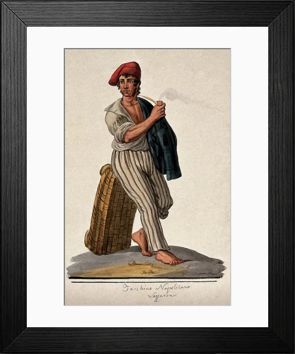 Framed Print : A young man leans against a basket with his jacket slung over his shoulder smoking a pipe. Creator: Unknown Framed Print : A young man leans against a basket with his jacket slung over his shoulder smoking a pipe. Creator: Unknown