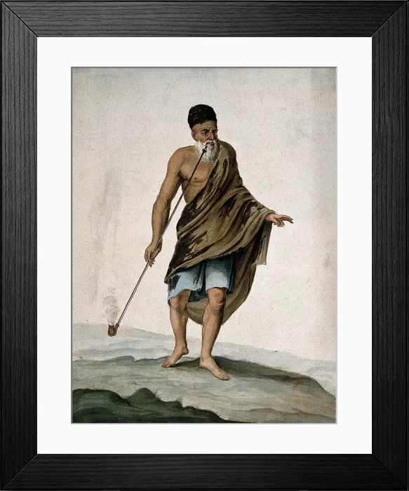 Framed Print : An old man in cloak and turban smoking a long pipe (chibouk), 1800-1899. Creator: Unknown