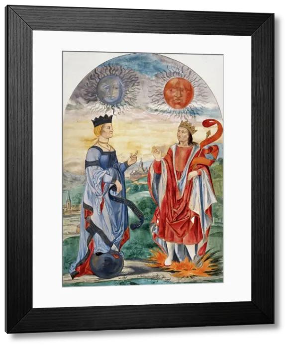 Framed Print : A moon above a queen dressed in blue, and a sun above a king dressed in red... 1900-1909. Creator: Edith Annie Ibbs Framed Print : A moon above a queen dressed in blue, and a sun above a king dressed in red... 1900-1909. Creator: Edith Annie Ibbs