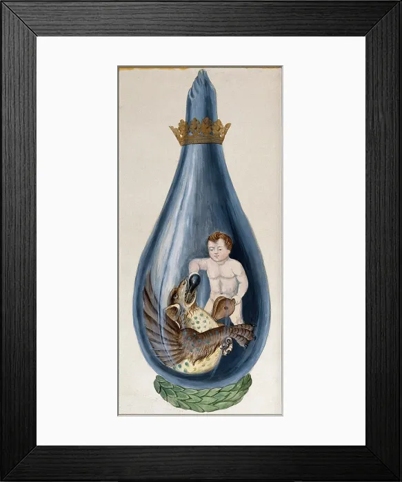 Framed Print : A putto pours a phial into a dragon's mouth, pumping a bellows with his other hand... 1900-1909. Creator: Edith Annie Ibbs. A putto pours a phial into a dragon's mouth, pumping a bellows with his other hand... 1900-1909