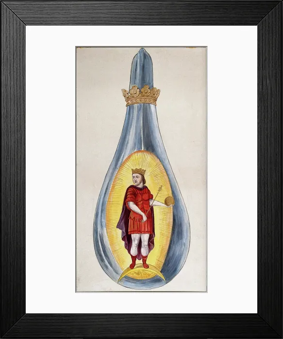 Framed Print : A crowned alchemical flask containing a young king, dressed in red, representing the... 1900-1909. Creator: Edith Annie Ibbs Framed Print : A crowned alchemical flask containing a young king, dressed in red, representing the... 1900-1909. Creator: Edith Annie Ibbs