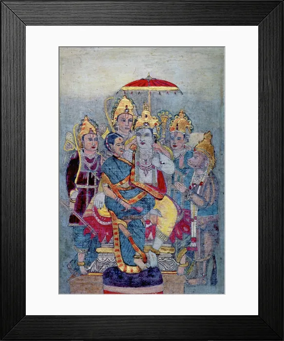 Framed Print : Rama and Sita enthroned under a royal umbrella, c1900. Creator: Unknown Framed Print : Rama and Sita enthroned under a royal umbrella, c1900. Creator: Unknown