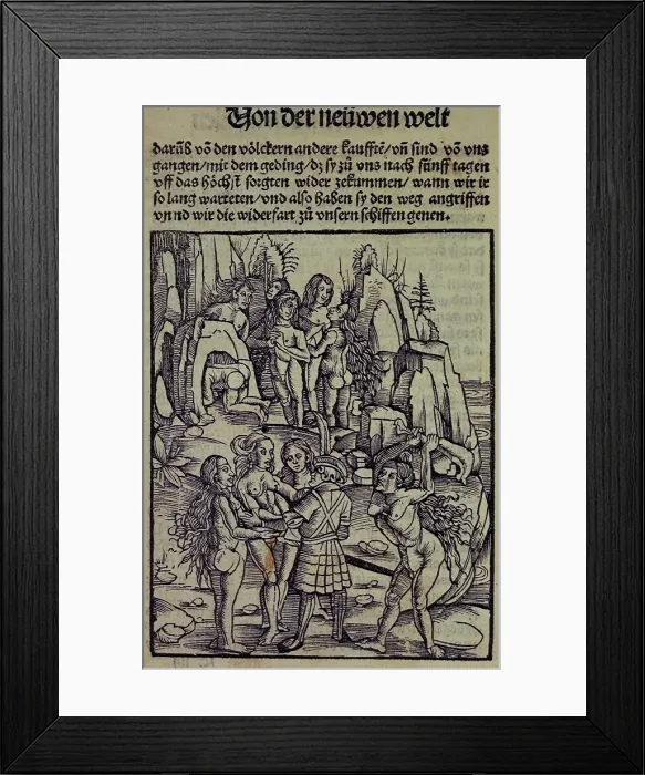 Framed Print : A European about to be attacked by an indigenous person, 1509. Creator: Unknown Framed Print : A European about to be attacked by an indigenous person, 1509. Creator: Unknown
