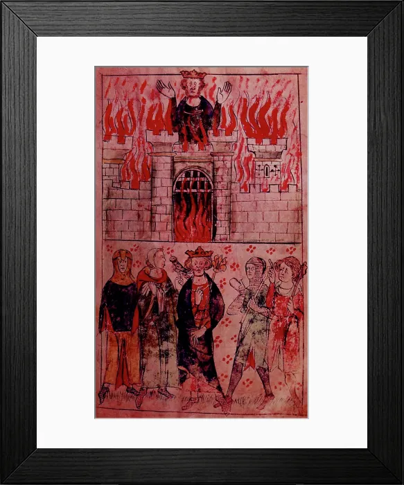 Framed Print : A castle on fire, c1307-c1327. Creator: Unknown