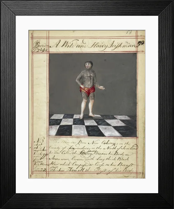 Framed Print : Drawing of a wild and hairy Irishman, born near Coleraine, Ireland; with text, 1730s. Creator: James Paris du Plessis Framed Print : Drawing of a wild and hairy Irishman, born near Coleraine, Ireland; with text, 1730s. Creator: James Paris du Plessis