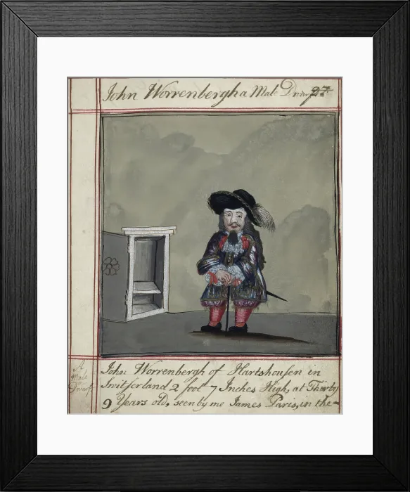 Framed Print : Drawing of John Worrenbergh, of Switzerland, a dwarf of 2 ft. 7 ins... early 18th century. Creator: James Paris du Plessis Framed Print : Drawing of John Worrenbergh, of Switzerland, a dwarf of 2 ft. 7 ins... early 18th century. Creator: James Paris du Plessis