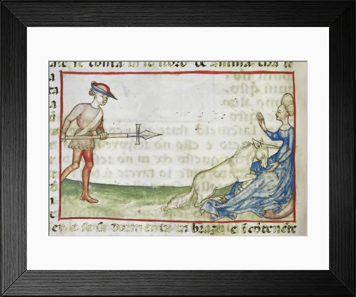 Framed Print : Detail of a tinted drawing of a woman protecting a unicorn, 2nd quarter 15th century. Creator: Anon