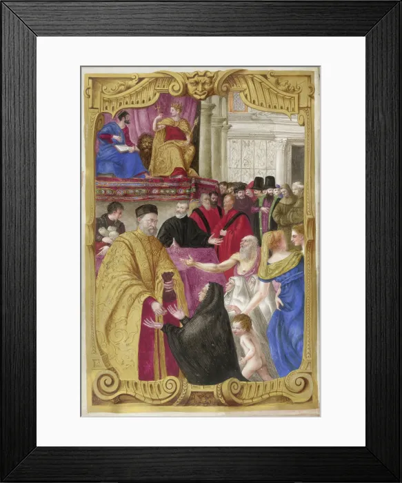 Framed Print : Distribution of alms in a piazza by an elderly official, [Zane?]... 1568. Creator: Unknown