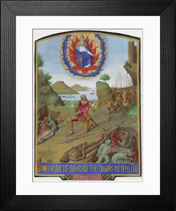 Framed Print : David, in armour, kneeling in penitence before the Almighty with his army, c1452-1460. Creator: Unknown Framed Print : David, in armour, kneeling in penitence before the Almighty with his army, c1452-1460. Creator: Unknown