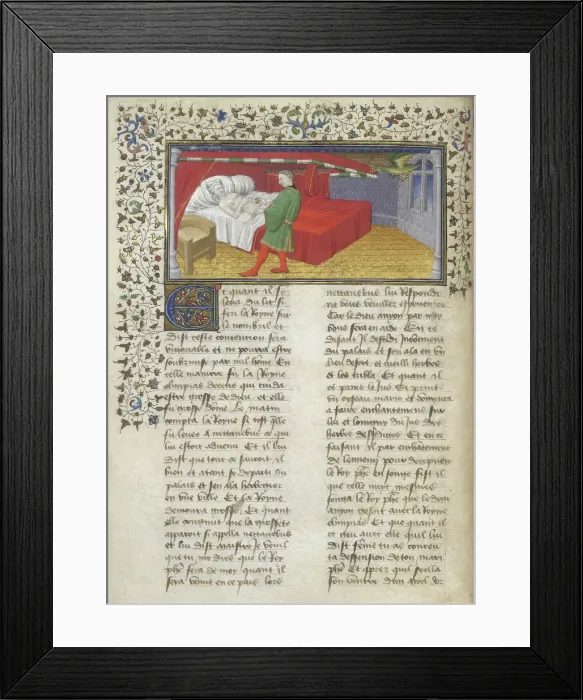 Framed Print : Miniature of Nectanebus practicising the enchantments of Olympias, who lies in bed, c1420. Creator: Unknown Framed Print : Miniature of Nectanebus practicising the enchantments of Olympias, who lies in bed, c1420. Creator: Unknown