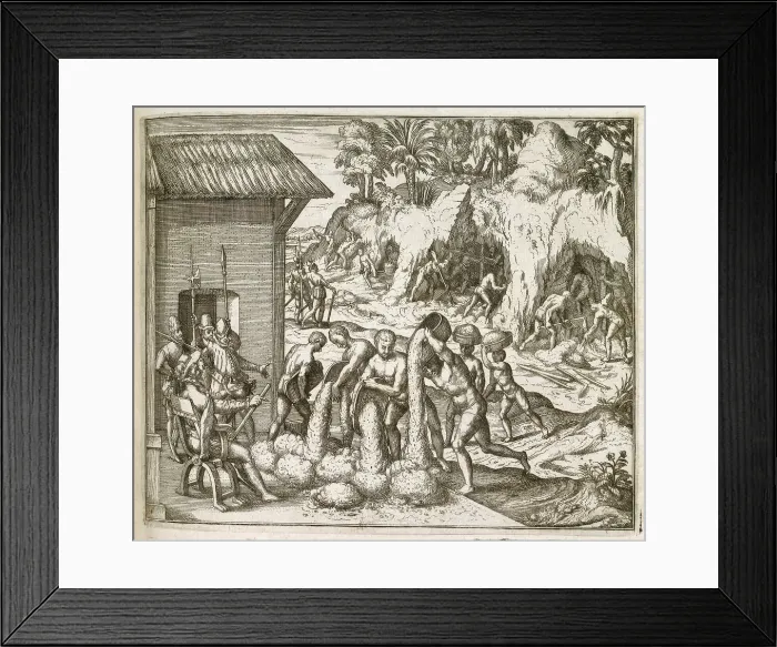 Framed Print : Slaves from Guinea digging for gold and silver in mines, for the Spanish in... 1595 (1617?). Creator: Unknown Framed Print : Slaves from Guinea digging for gold and silver in mines, for the Spanish in... 1595 (1617?). Creator: Unknown