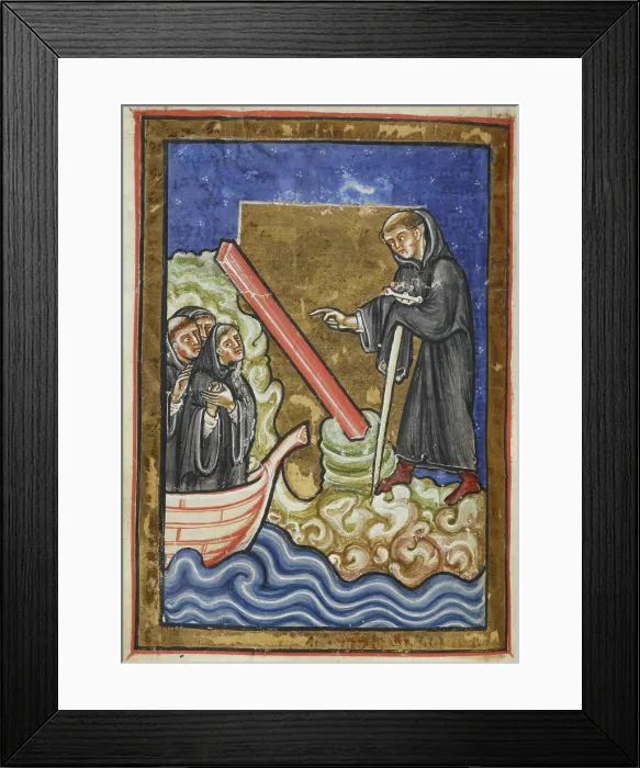 Framed Print : Cuthbert discovers the piece of timber washed up with the tide...last quarter 12th century. Creator: Anon Framed Print : Cuthbert discovers the piece of timber washed up with the tide...last quarter 12th century. Creator: Anon