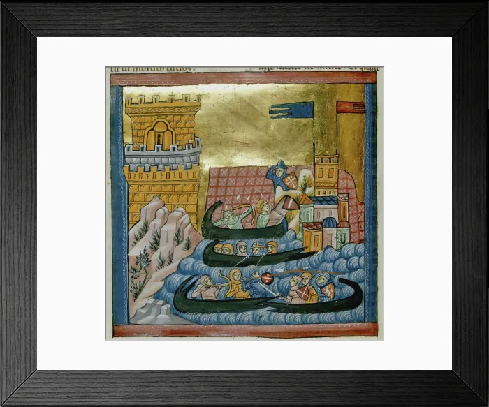 Framed Print : Naval battle between the fleets of Crete and Athens, with troops in a ship... c1285. Creator: Unknown Framed Print : Naval battle between the fleets of Crete and Athens, with troops in a ship... c1285. Creator: Unknown