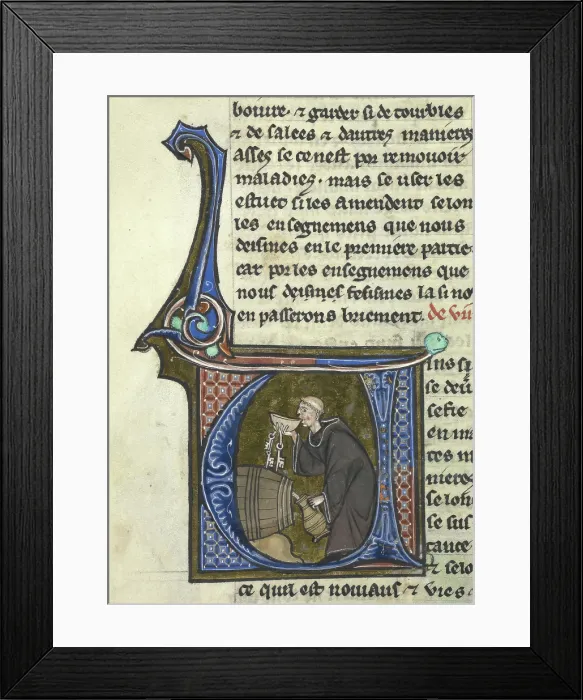 Framed Print : Initial V': a monk-cellarer tasting wine from a barrel whilst filling a jug, late 13th century. Creator: Unknown. Initial V': a monk-cellarer tasting wine from a barrel whilst filling a jug, late 13th century. Creator: Unknown Framed Print : Initial V': a monk-cellarer tasting wine from a barrel whilst filling a jug, late 13th century. Creator: Unknown. Initial V': a monk-cellarer tasting wine from a barrel whilst filling a jug, late 13th century. Creator: Unknown